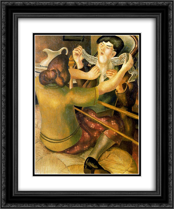 Buttoning The Collar 20x24 Black Ornate Wood Framed Art Print Poster with Double Matting by Spencer, Stanley
