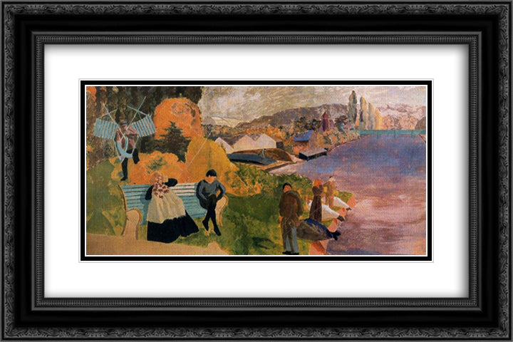 People By The River 24x16 Black Ornate Wood Framed Art Print Poster with Double Matting by Spencer, Stanley