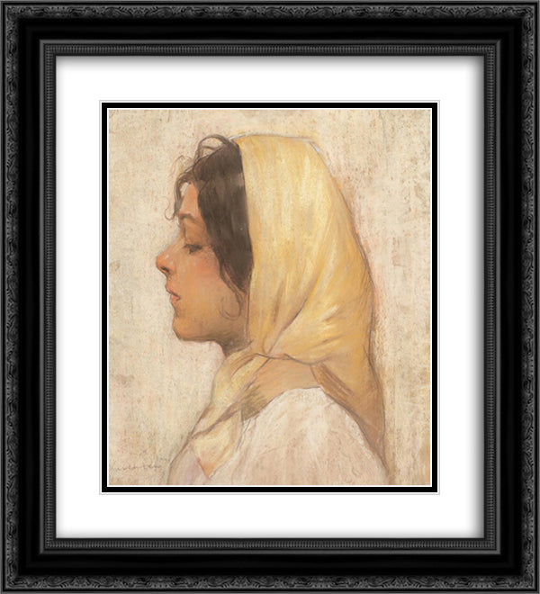 Peasant Woman with Yellow Headscarf 20x22 Black Ornate Wood Framed Art Print Poster with Double Matting by Luchian, Stefan