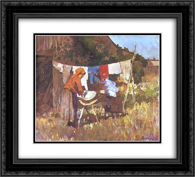 The Laundress 22x20 Black Ornate Wood Framed Art Print Poster with Double Matting by Luchian, Stefan