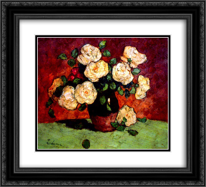 White Roses 22x20 Black Ornate Wood Framed Art Print Poster with Double Matting by Luchian, Stefan