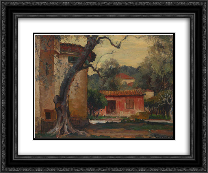 Houses in Provence 24x20 Black Ornate Wood Framed Art Print Poster with Double Matting by Popescu, Stefan