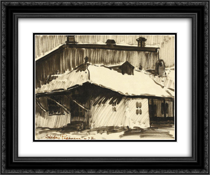 Roofs under Snow 24x20 Black Ornate Wood Framed Art Print Poster with Double Matting by Popescu, Stefan