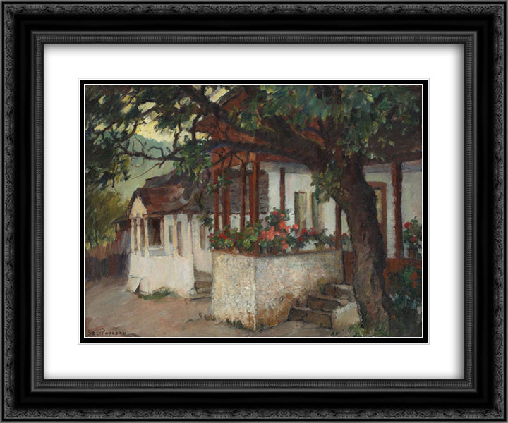 Veranda with Flowers 24x20 Black Ornate Wood Framed Art Print Poster with Double Matting by Popescu, Stefan