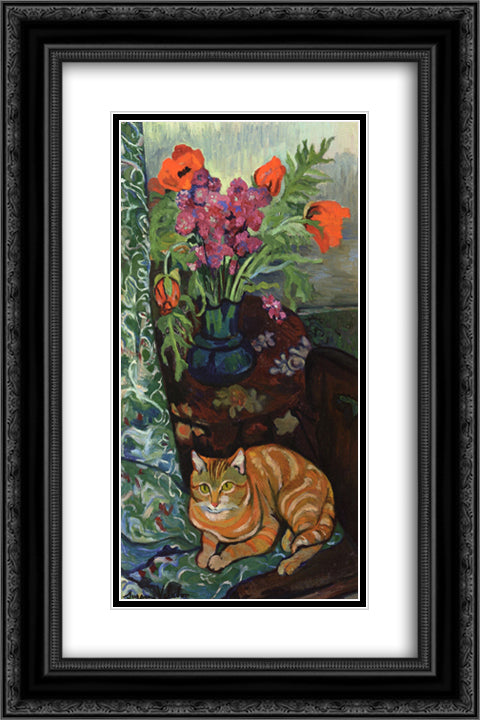 Bouquet and a Cat 16x24 Black Ornate Wood Framed Art Print Poster with Double Matting by Valadon, Suzanne