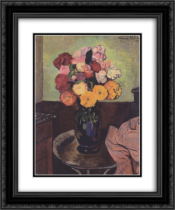 Flower vase on a round table 20x24 Black Ornate Wood Framed Art Print Poster with Double Matting by Valadon, Suzanne