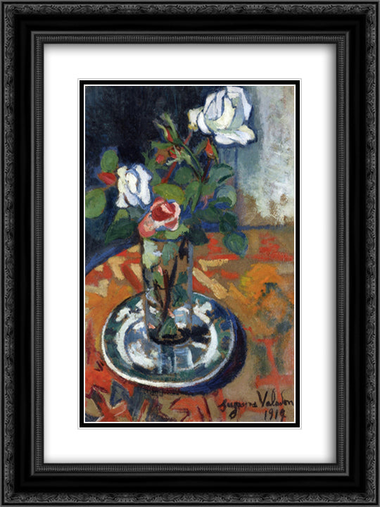 Roses in a Vase 18x24 Black Ornate Wood Framed Art Print Poster with Double Matting by Valadon, Suzanne
