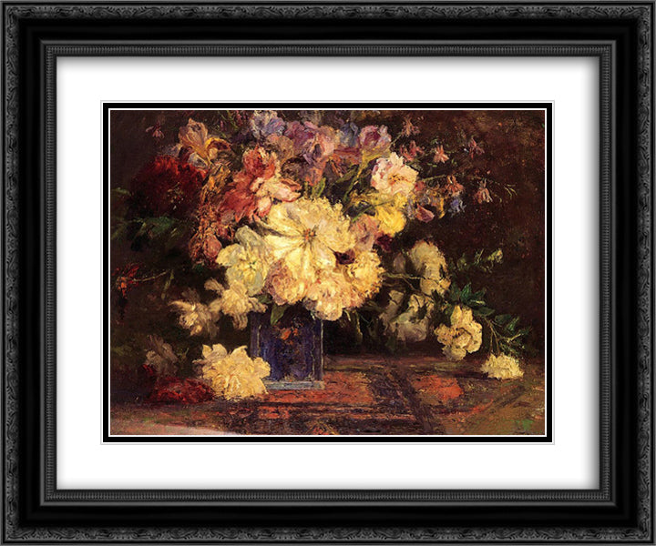 Still Life with Peonies 24x20 Black Ornate Wood Framed Art Print Poster with Double Matting by Steele, T. C.