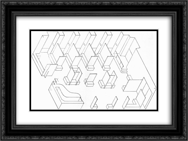 Interior of the Cafe brasserie of the Aubette, Strasbourg, axonometry 24x18 Black Ornate Wood Framed Art Print Poster with Double Matting by Doesburg, Theo van