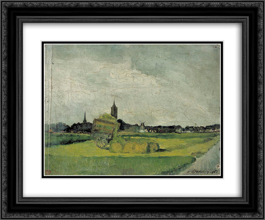 Landscape with hay cart, church towers and windmill 24x20 Black Ornate Wood Framed Art Print Poster with Double Matting by Doesburg, Theo van