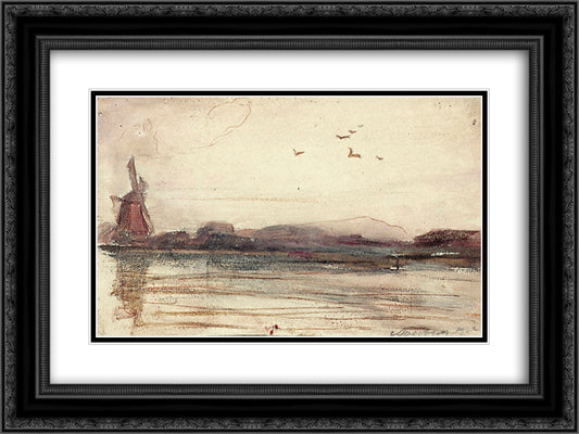 River Landscape with mill 24x18 Black Ornate Wood Framed Art Print Poster with Double Matting by Doesburg, Theo van