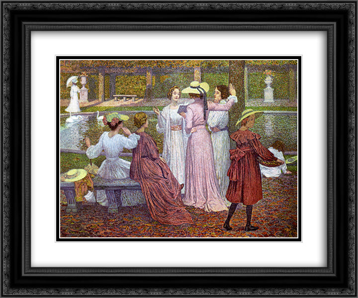 A Reading in the Garden 24x20 Black Ornate Wood Framed Art Print Poster with Double Matting by Rysselberghe, Theo van