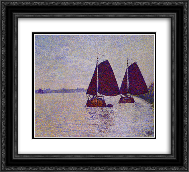 Barges on the River Scheldt 22x20 Black Ornate Wood Framed Art Print Poster with Double Matting by Rysselberghe, Theo van