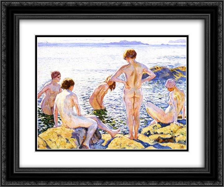 Bathers 24x20 Black Ornate Wood Framed Art Print Poster with Double Matting by Rysselberghe, Theo van