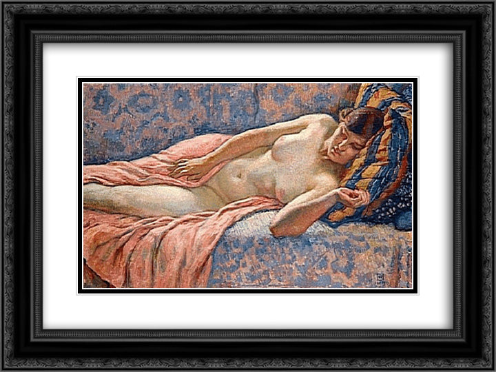 Etude of Female Nude 24x18 Black Ornate Wood Framed Art Print Poster with Double Matting by Rysselberghe, Theo van