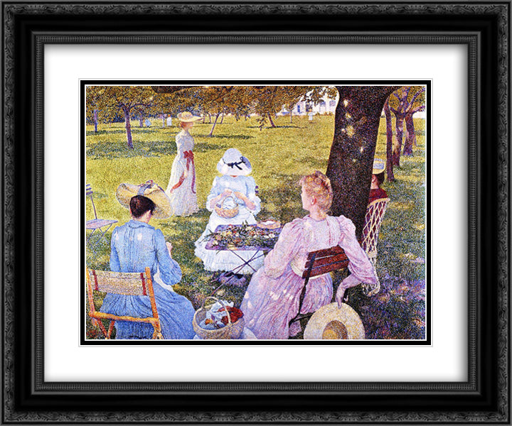 Family in the Orchard 24x20 Black Ornate Wood Framed Art Print Poster with Double Matting by Rysselberghe, Theo van
