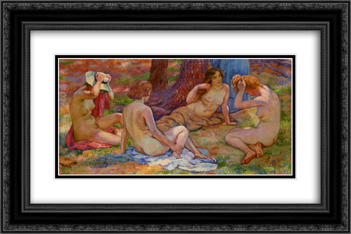 Four Bathers 24x16 Black Ornate Wood Framed Art Print Poster with Double Matting by Rysselberghe, Theo van