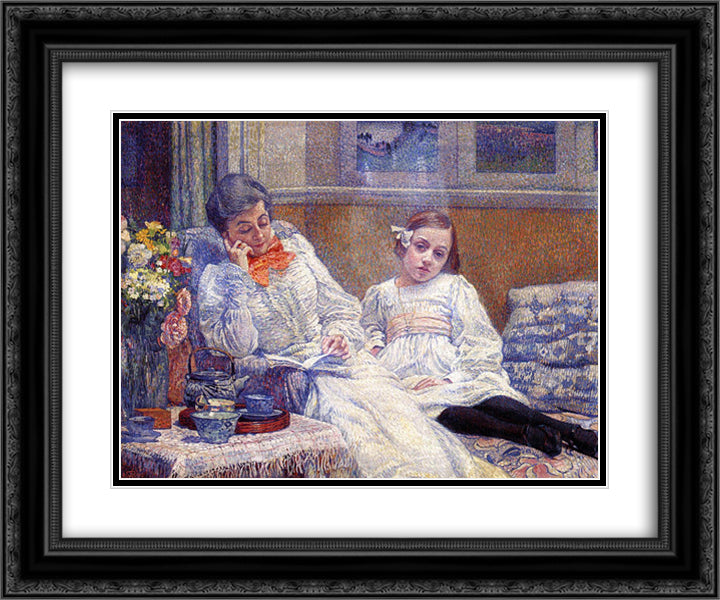 Madame Theo van Rysselberghe and Her Daughter 24x20 Black Ornate Wood Framed Art Print Poster with Double Matting by Rysselberghe, Theo van