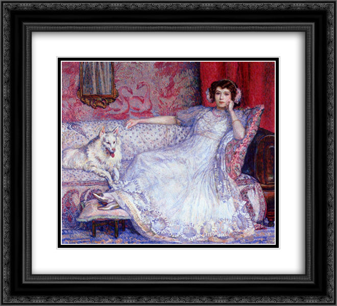 The Woman in White (Portrait of Madame Helene Keller) 22x20 Black Ornate Wood Framed Art Print Poster with Double Matting by Rysselberghe, Theo van