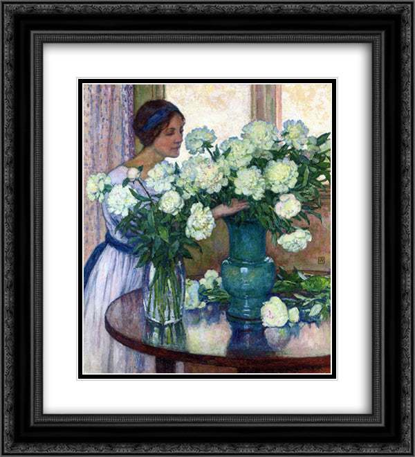 White Peonies 20x22 Black Ornate Wood Framed Art Print Poster with Double Matting by Rysselberghe, Theo van