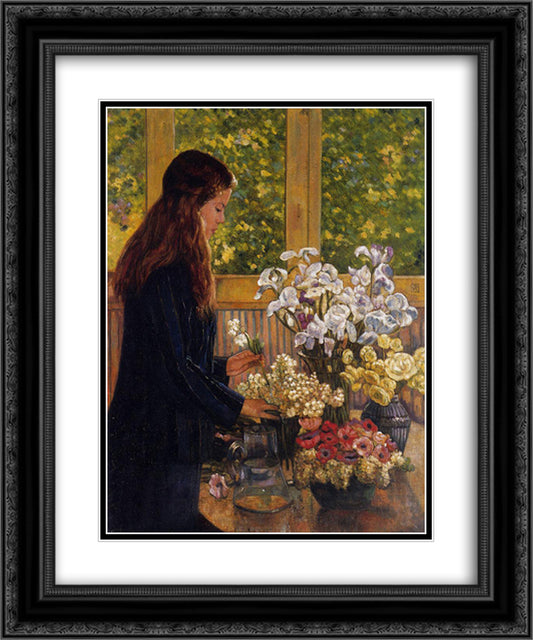 Young Girl with a Vase of Flowers 20x24 Black Ornate Wood Framed Art Print Poster with Double Matting by Rysselberghe, Theo van