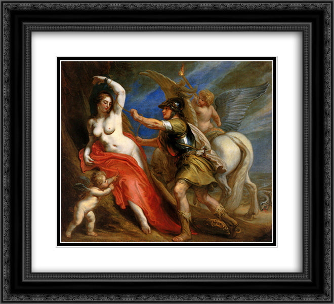 Perseus Frees Andromeda 22x20 Black Ornate Wood Framed Art Print Poster with Double Matting by Thulden, Theodoor van