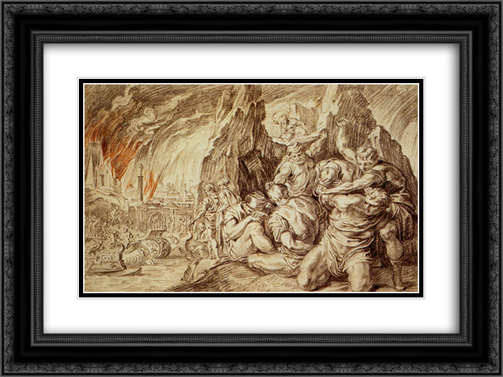 The Greeks Leave after Fire of Troy 24x18 Black Ornate Wood Framed Art Print Poster with Double Matting by Thulden, Theodoor van