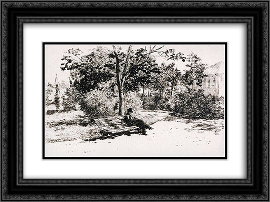 Reading in the Cismigiu Garden 24x18 Black Ornate Wood Framed Art Print Poster with Double Matting by Aman, Theodor