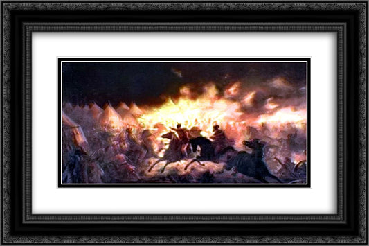 The Battle With Torches 20x24 Black Ornate Wood Framed Art Print Poster with Double Matting by Aman, Theodor