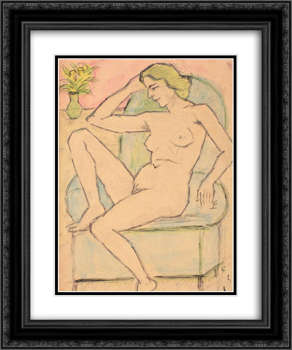 Nude in Green Chair 20x24 Black Ornate Wood Framed Art Print Poster with Double Matting by Pallady, Theodor