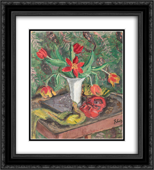 Still Life with Lilies, Fan and Red Mask 20x22 Black Ornate Wood Framed Art Print Poster with Double Matting by Pallady, Theodor