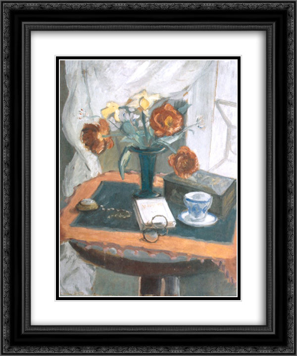 Still Life With Peonies and Clock 20x24 Black Ornate Wood Framed Art Print Poster with Double Matting by Pallady, Theodor