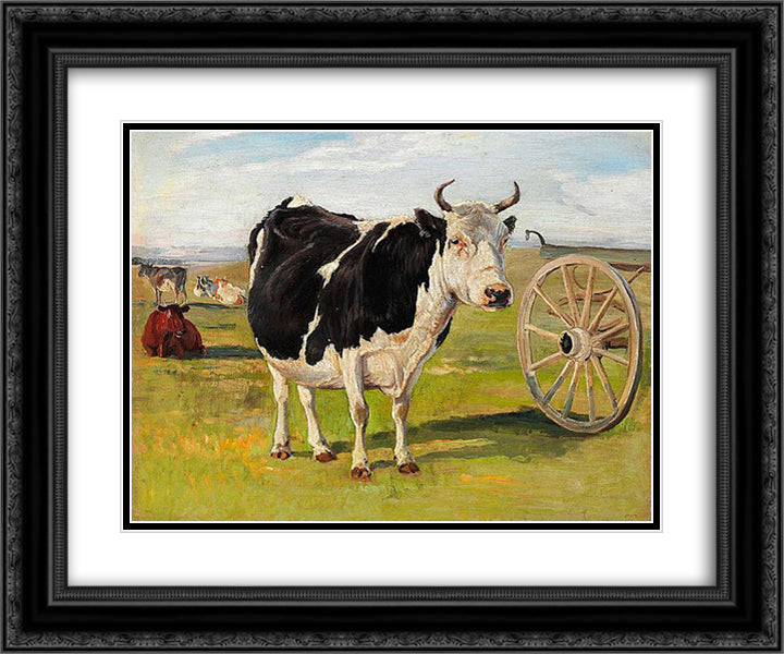 A black-and-white cow 24x20 Black Ornate Wood Framed Art Print Poster with Double Matting by Philipsen, Theodor