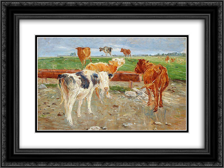 Cows near the well at Gammelgaard, Saltholm 24x18 Black Ornate Wood Framed Art Print Poster with Double Matting by Philipsen, Theodor