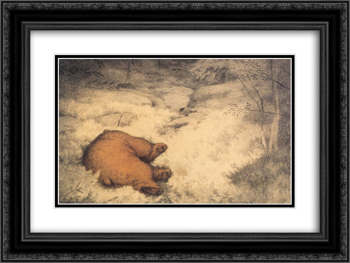 Bruin asleep in the Blueberry Bushes 24x18 Black Ornate Wood Framed Art Print Poster with Double Matting by Kittelsen, Theodor Severin