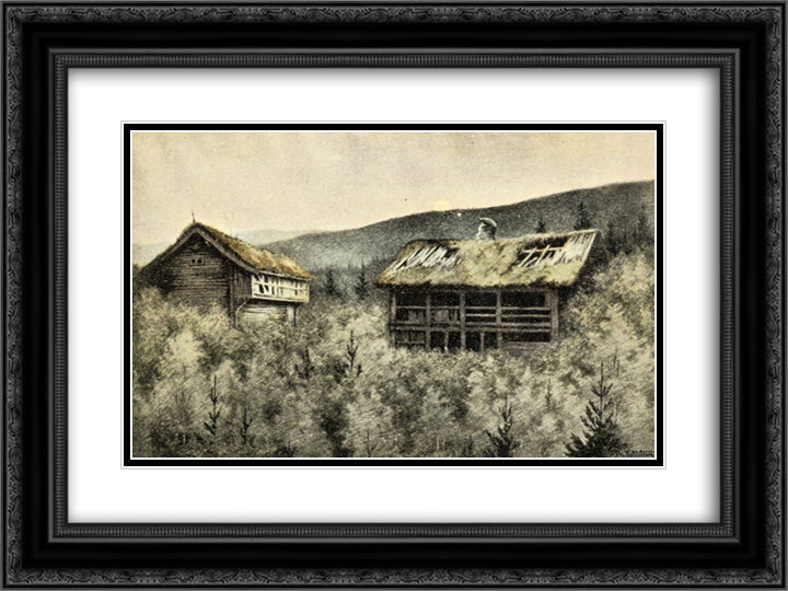 Gamle Hus Ved Sole 24x18 Black Ornate Wood Framed Art Print Poster with Double Matting by Kittelsen, Theodor Severin