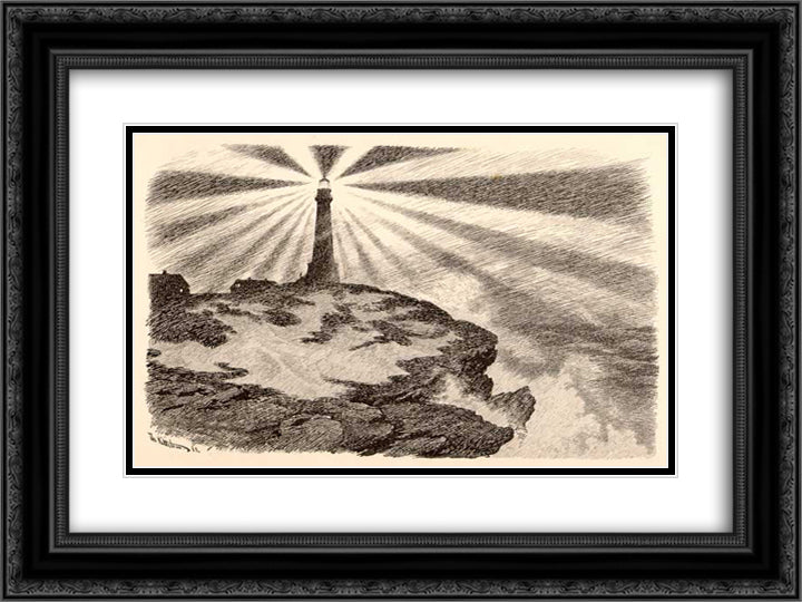 SkomvÆ’r Lighthouse 24x18 Black Ornate Wood Framed Art Print Poster with Double Matting by Kittelsen, Theodor Severin