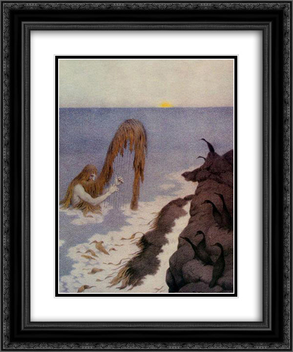 The Man from the Sea - Havmannen 20x24 Black Ornate Wood Framed Art Print Poster with Double Matting by Kittelsen, Theodor Severin