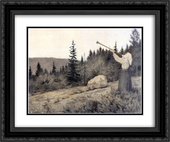 Up in the Hills a Clarion Call rings out 24x20 Black Ornate Wood Framed Art Print Poster with Double Matting by Kittelsen, Theodor Severin