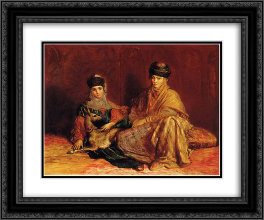 Femme et fillette de Constantine avec une gazelle 24x20 Black Ornate Wood Framed Art Print Poster with Double Matting by Chasseriau, Theodore