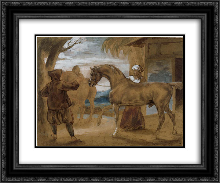 Arabian Stallion led by two Arabians to breed 24x20 Black Ornate Wood Framed Art Print Poster with Double Matting by Gericault, Theodore