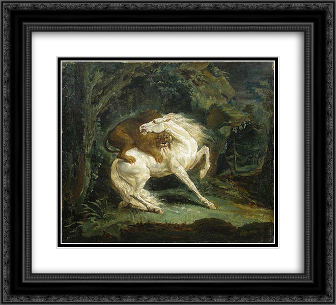 Horse attacked by a lion 22x20 Black Ornate Wood Framed Art Print Poster with Double Matting by Gericault, Theodore