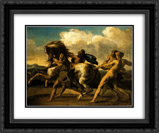 Slaves stopping a horse, study for The Race of the Barbarian Horses 24x20 Black Ornate Wood Framed Art Print Poster with Double Matting by Gericault, Theodore