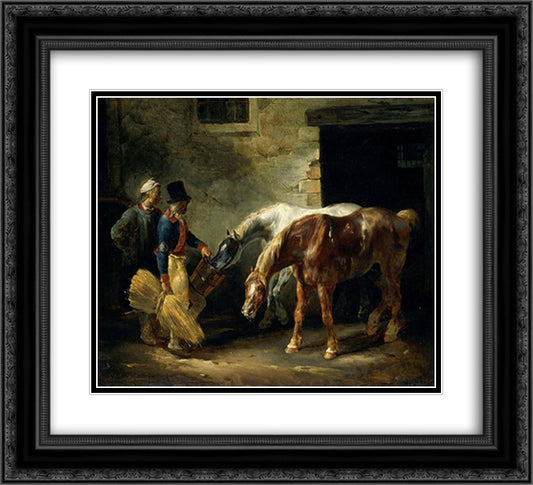 Two post-horses at the stable 22x20 Black Ornate Wood Framed Art Print Poster with Double Matting by Gericault, Theodore