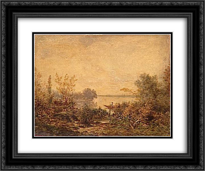 Riverside 24x20 Black Ornate Wood Framed Art Print Poster with Double Matting by Rousseau, Theodore