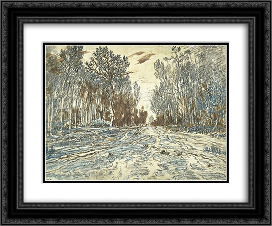 Snowy path through a wood in the forest of Fontainebleau 24x20 Black Ornate Wood Framed Art Print Poster with Double Matting by Rousseau, Theodore