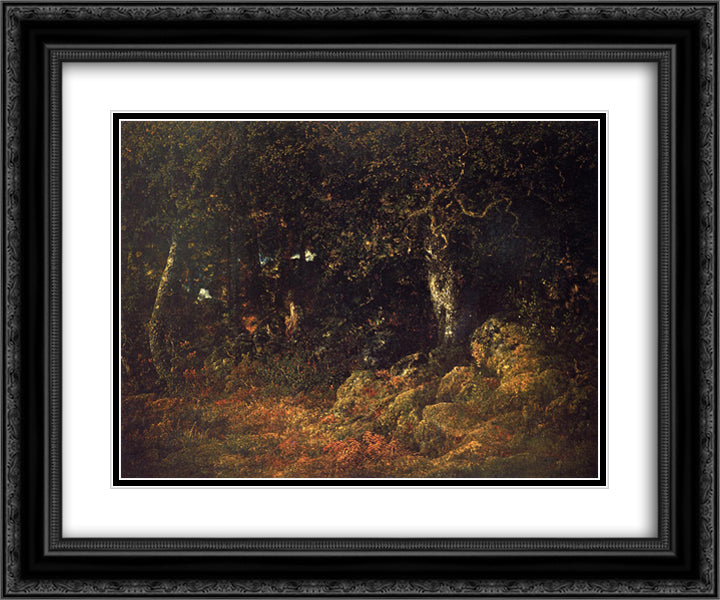 The Oak in the Rocks 24x20 Black Ornate Wood Framed Art Print Poster with Double Matting by Rousseau, Theodore