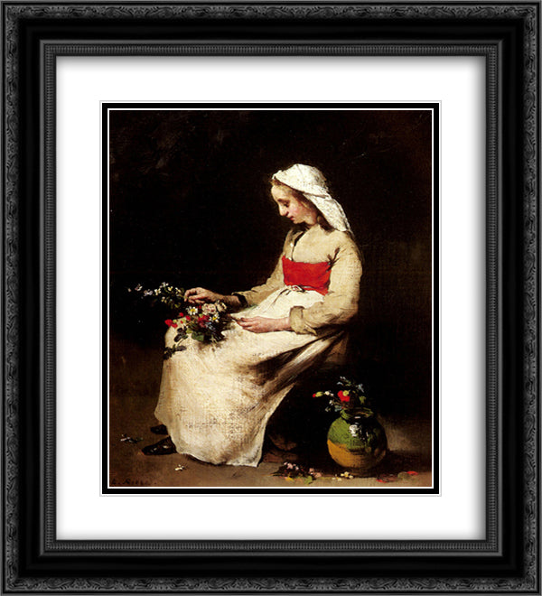 A Girl Arranging a Vase of Flowers 20x22 Black Ornate Wood Framed Art Print Poster with Double Matting by Ribot, Theodule