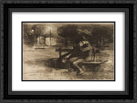 Amoureux Sur Un Banc 24x18 Black Ornate Wood Framed Art Print Poster with Double Matting by Steinlen, Theophile