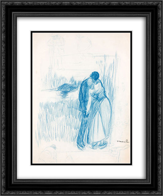 Au Bord de L'Eau Preliminary drawing 20x24 Black Ornate Wood Framed Art Print Poster with Double Matting by Steinlen, Theophile